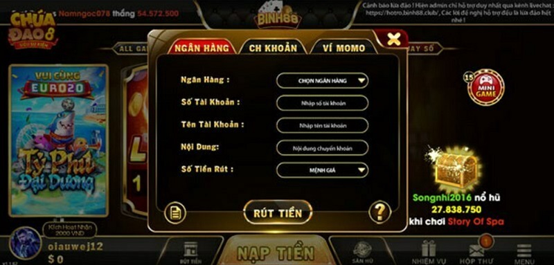 Chuyển tiền thưởng tích lũy tại cổng game binh88 về tài khoản ngân hàng