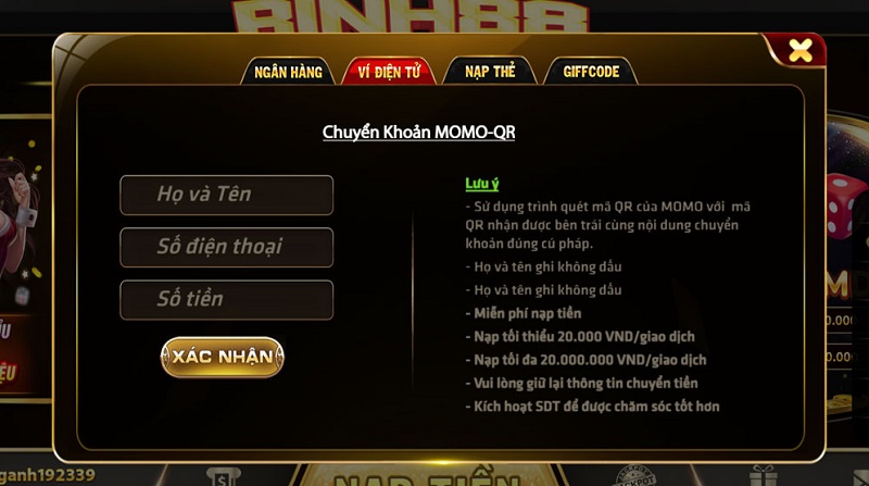 Dùng ví điện tử Momo nạp tiền vào cổng game đổi thưởng binh88
